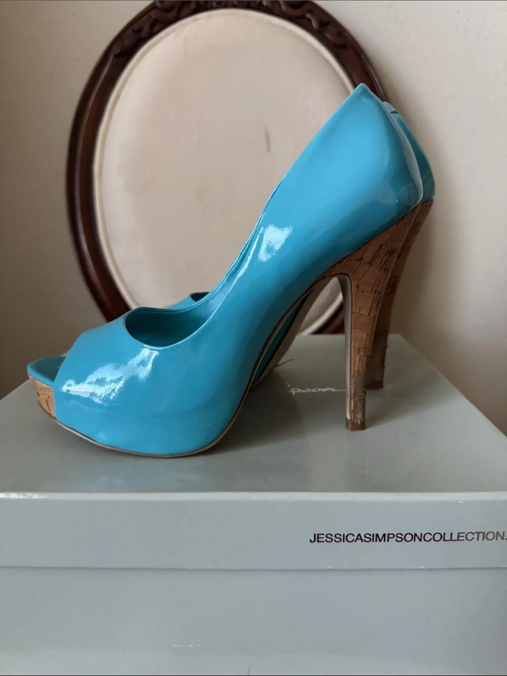 Jessica Simpson Glossy Turquoise Peep-Toe Cork Platform Pumps